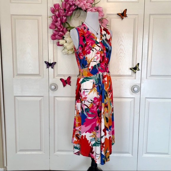 💼 Colorful V Neck Blossom Scarf Hem Sleeveless Dress - Picture 5 of 9
